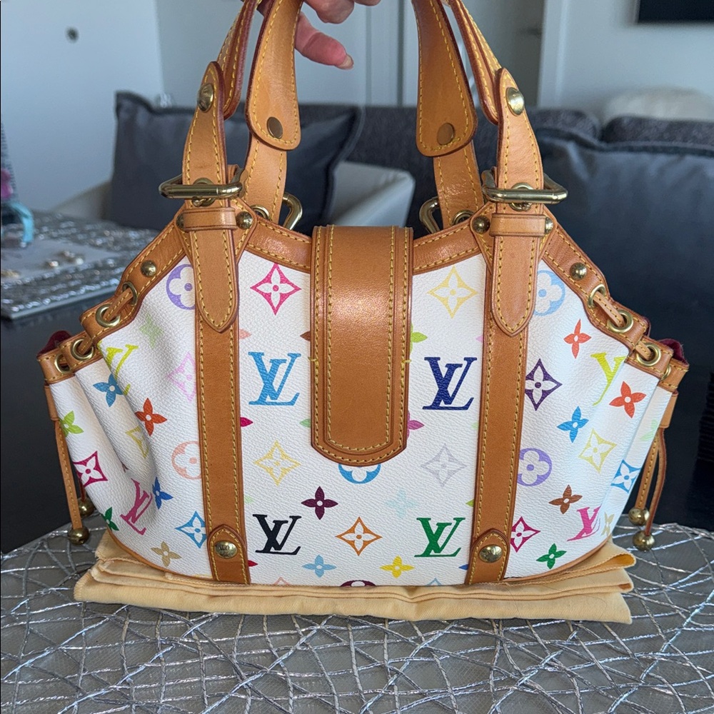 Louis Vuitton White Multicolor Monogram Satchel with Tan Leather Trim - Picture 6 of 8